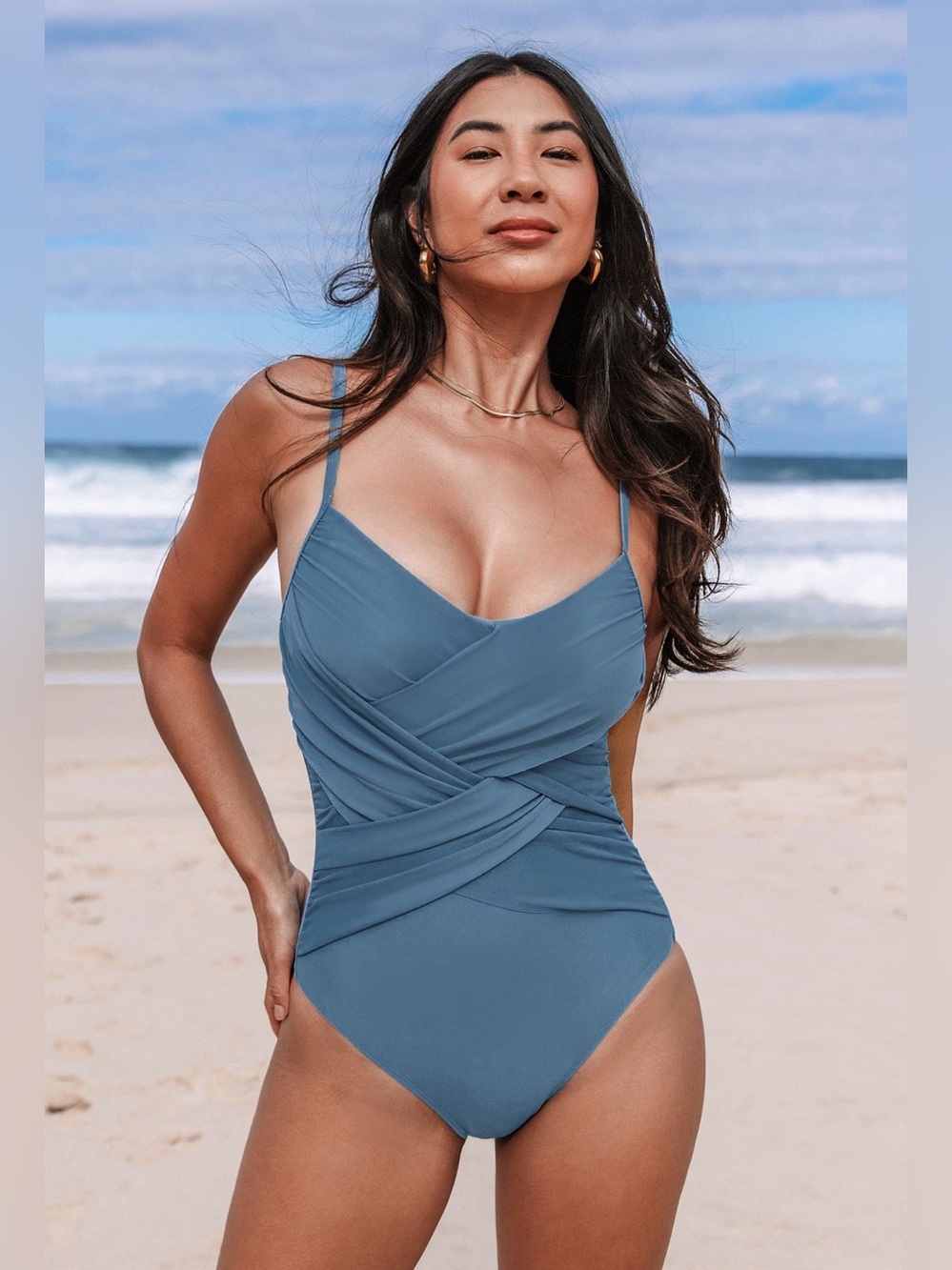 NWT CupShe Blue Ruched One-Piece Swimsuit - size M - Picture 1 of 7